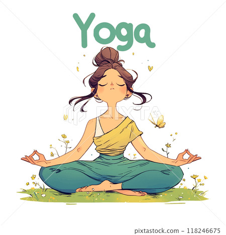 A woman is sitting in a field, meditating. The image is titled "Yoga." The woman is surrounded by flowers and butterflies, which adds a sense of peace and tranquility to the scene 118246675