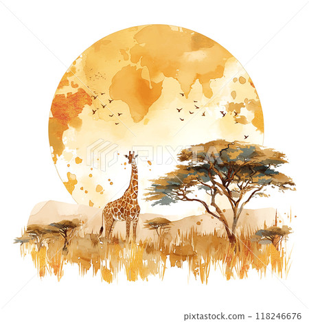 Picturesque Africa giraffe stands in the middle of a field with a large orange sun in the background. The scene is peaceful and serene, with the giraffe being the focal point of the image 118246676