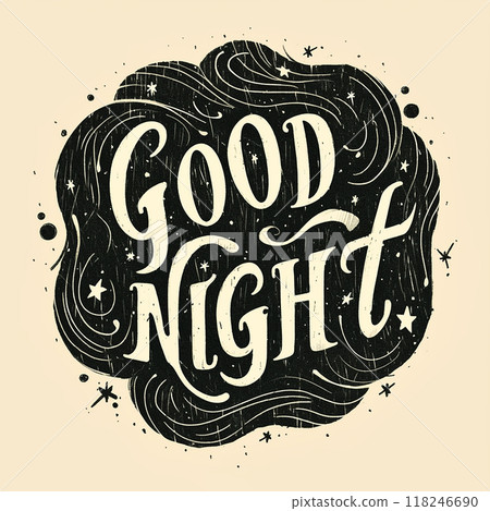 Good night Logo Lettering is written in a fancy font The font is bold and the letters are large. 118246690