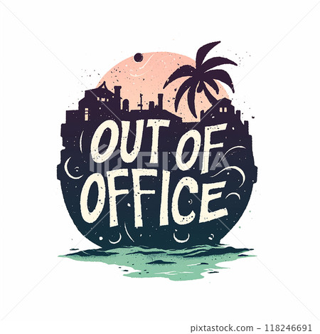 Logo with palm trees and a bird. The text reads "Out of Office". The design is playful and fun, with a tropical vibe 118246691