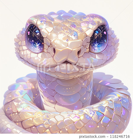 A snake with blue eyes and a white body. The snake is surrounded by a rainbow of colors 118246716