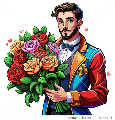 A man is holding a bouquet of roses and wearing a suit. Concept of love and romance 118246721