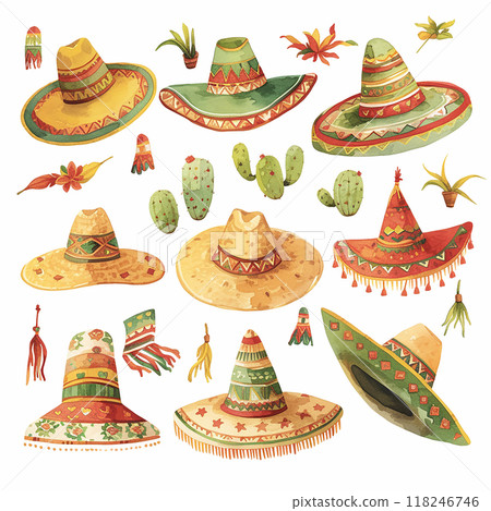 sombrero set cartoon style watercolor illustration on white background 118246746