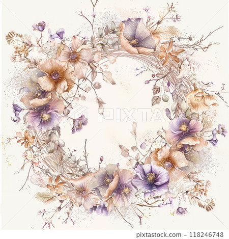 A flowery wreath with a gold frame border. The flowers are in various shades of pink and purple A flowery wreath with a gold frame border. The flowers are in various shades of pink and purple 118246748