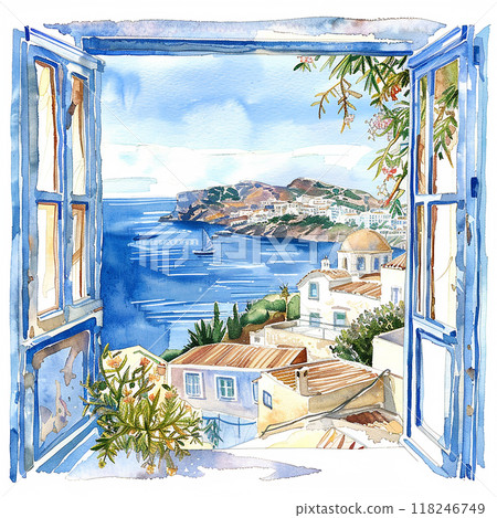 Greece blue and white painting of a window with a view of a small town and a church. Greece blue and white painting of a window with a view of a small town and a church. 118246749
