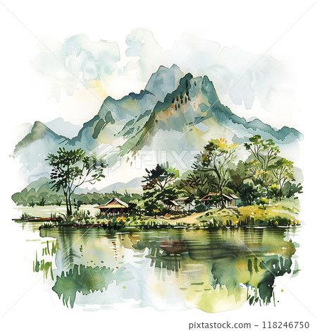 Vietnam A painting of a mountain range with a river and houses in the valley. The mood of the painting is peaceful and serene 118246750