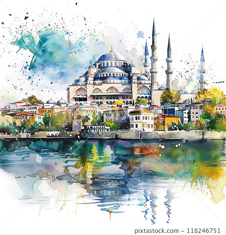 Istanbul A painting of a city with a large blue dome on top of a building. The painting is of a city with a river running through it. Istanbul A painting of a city with a large blue dome on top of a building. The painting is of a city with a river running through it. 118246751