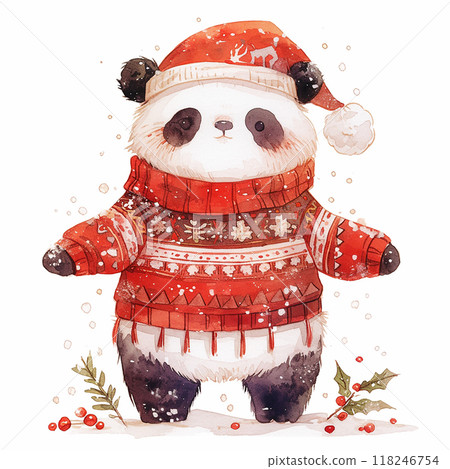 A panda wearing a red Santa hat and a red sweater. The panda is standing in the snow with berries around it 118246754