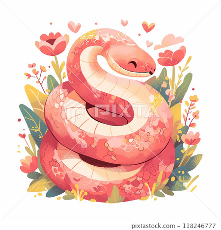 2025 A cartoon snake with a pink body and yellow head is surrounded by flowers. The snake is smiling and he is happy 2025 A cartoon snake with a pink body and yellow head is surrounded by flowers. The snake is smiling and he is happy 118246777