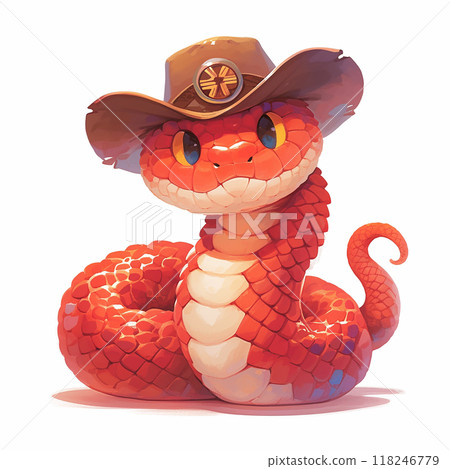 2025 A cartoon snake wearing a cowboy hat is sitting on its back. The hat is brown and has a star on it. The snake has a smile on its face and he is happy 118246779