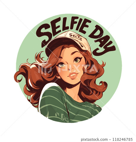 A girl with long red hair is smiling and wearing a green hat. The image is titled "Selfie Day" A girl with long red hair is smiling and wearing a green hat. The image is titled "Selfie Day" 118246785