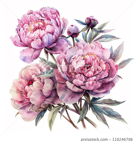 Peony A bouquet of pink flowers with green leaves. The flowers are arranged in a way that they are all facing the same direction, giving the impression of a unified and harmonious display Peony A bouquet of pink flowers with green leaves. The flowers are arranged in a way that they are all facing the same direction, giving the impression of a unified and harmonious display 118246786