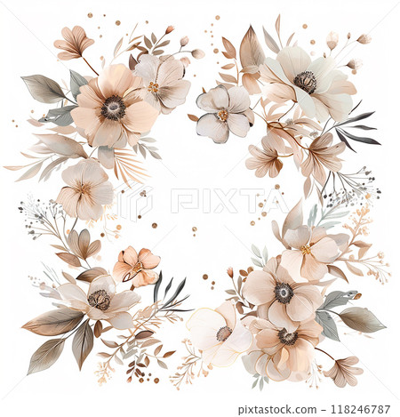 A flowery wreath with a gold frame border. The flowers are in various shades of pink and purple A flowery wreath with a gold frame border. The flowers are in various shades of pink and purple 118246787