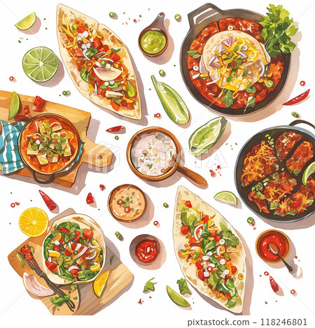 Mexican food on white background colorful assortment of food on a table, including rice, tacos, and a variety of vegetables Mexican food on white background colorful assortment of food on a table, including rice, tacos, and a variety of vegetables 118246801
