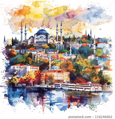 Istanbul A painting of a city with a large blue dome on top of a building. The painting is of a city with a river running through it. Istanbul A painting of a city with a large blue dome on top of a building. The painting is of a city with a river running through it. 118246802