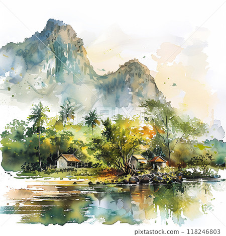 Vietnam A painting of a mountain range with a river and houses in the valley. The mood of the painting is peaceful and serene Vietnam A painting of a mountain range with a river and houses in the valley. The mood of the painting is peaceful and serene 118246803