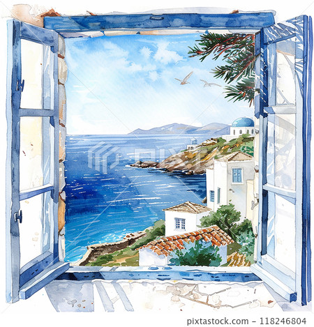 Greece blue and white painting of a window with a view of a small town and a church. Greece blue and white painting of a window with a view of a small town and a church. 118246804