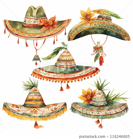 sombrero set cartoon style watercolor illustration on white background 118246805