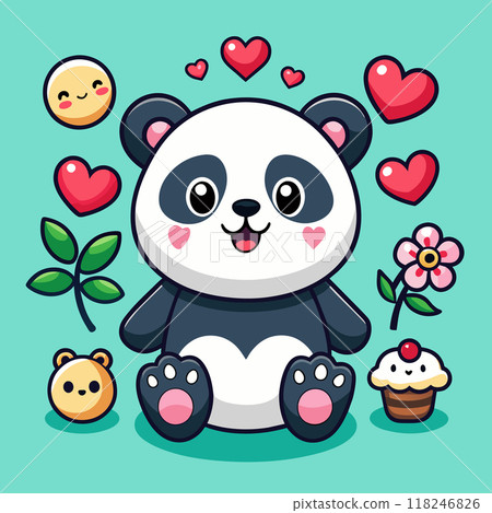 A cartoon panda bear is sitting on a green background with a bunch of hearts and other cute things around it A cartoon panda bear is sitting on a green background with a bunch of hearts and other cute things around it 118246826