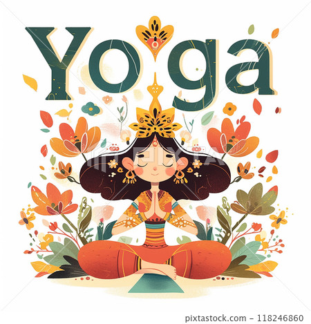 A woman is sitting in a lotus position with flowers surrounding her. The image is titled "Yoga" and is meant to convey a sense of peace and relaxation A woman is sitting in a lotus position with flowers surrounding her. The image is titled "Yoga" and is meant to convey a sense of peace and relaxation 118246860