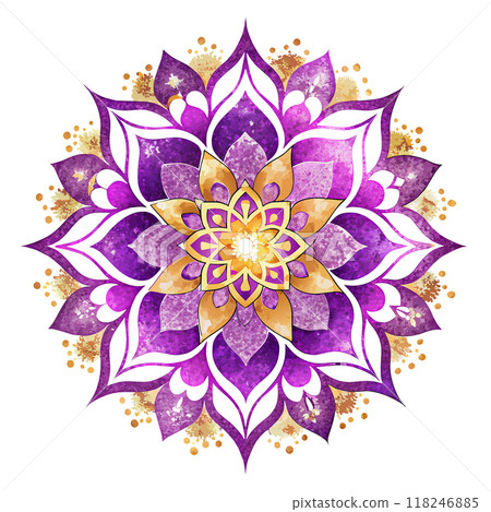 A purple and gold mandala with a gold center. The flower is surrounded by a white background 118246885