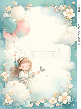 Children's frame A girl is holding a butterfly and a balloon. The balloon is pink and blue 118246892