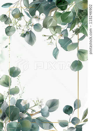A frame of green leaves with a white background. The frame is gold and the leaves are painted in a watercolor style A frame of green leaves with a white background. The frame is gold and the leaves are painted in a watercolor style 118246902