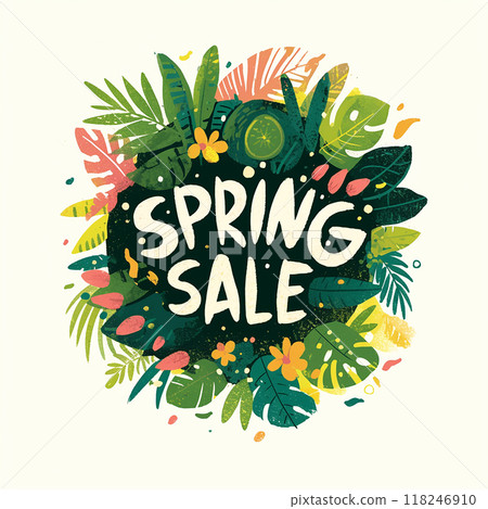 Logo A colorful spring sale sign with a green background and a green and pink flowery border. The sign is filled with green leaves and flowers, and the words "Spring Sale" are written in a cursive 118246910