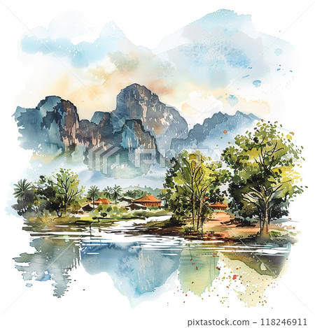 Vietnam A painting of a mountain range with a river and houses in the valley. The mood of the painting is peaceful and serene 118246911