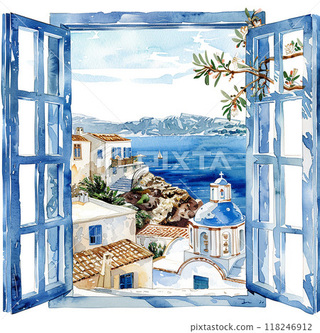 Greece blue and white painting of a window with a view of a small town and a church. 118246912