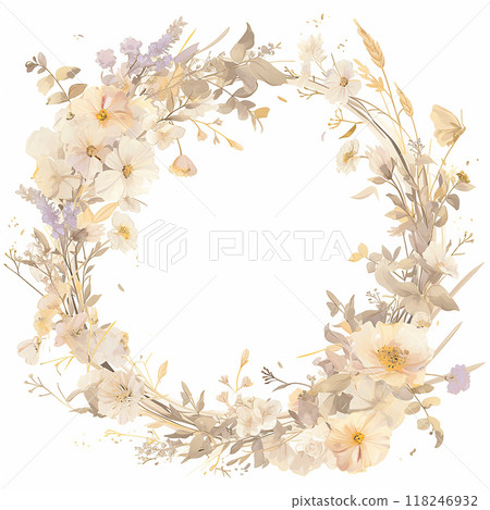 A flowery wreath with a gold frame border. The flowers are in various shades of pink and purple A flowery wreath with a gold frame border. The flowers are in various shades of pink and purple 118246932