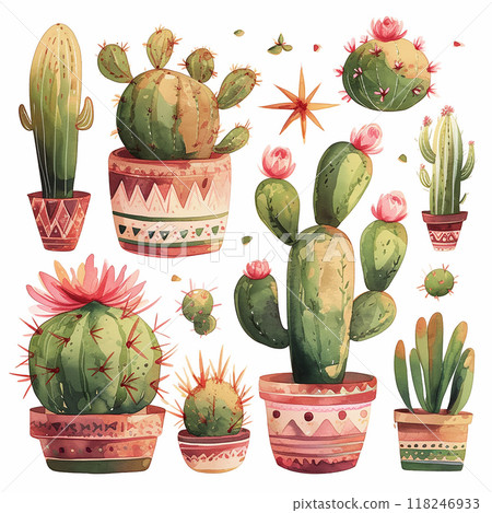 A collection of potted cacti in various sizes and colors. The potted plants are arranged in a way that creates a sense of depth and dimension 118246933