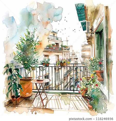 A balcony with a view of the city and potted plants. Scene is peaceful and relaxing A balcony with a view of the city and potted plants. Scene is peaceful and relaxing 118246936