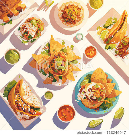 Mexican food on white background colorful assortment of food on a table, including rice, tacos, and a variety of vegetables Mexican food on white background colorful assortment of food on a table, including rice, tacos, and a variety of vegetables 118246947