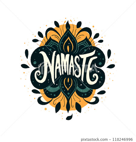 A colorful design with the word Namaste written in yellow. The design features a flower and a candle A colorful design with the word Namaste written in yellow. The design features a flower and a candle 118246996