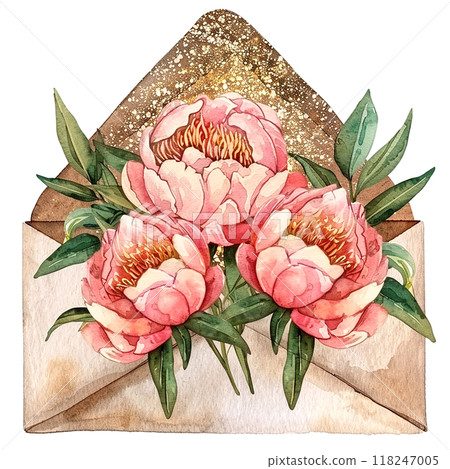 A gold and pink envelope with three pink flowers on it. The flowers are arranged in a way that they look like they are blooming. The envelope is decorated with glitter, giving it a shiny A gold and pink envelope with three pink flowers on it. The flowers are arranged in a way that they look like they are blooming. The envelope is decorated with glitter, giving it a shiny 118247005