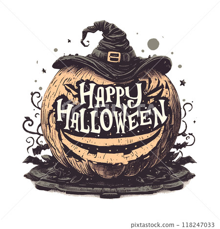A pumpkin with a witch's hat on top and the words Happy Halloween written on it. The pumpkin is smiling and has a happy expression A pumpkin with a witch's hat on top and the words Happy Halloween written on it. The pumpkin is smiling and has a happy expression 118247033