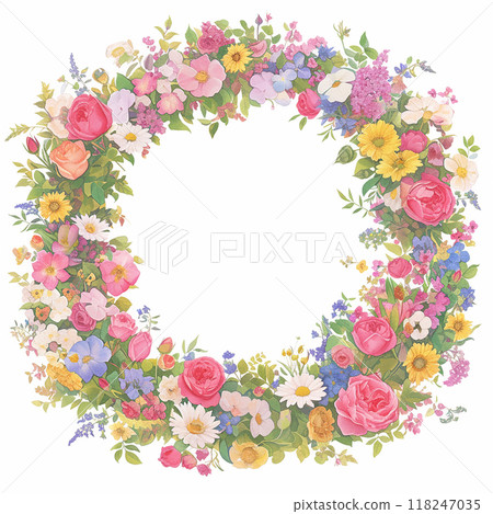 A colorful flower wreath with a white background. The flowers are arranged in a circular pattern, with some overlapping and others standing alone. The overall effect is one of beauty and harmony A colorful flower wreath with a white background. The flowers are arranged in a circular pattern, with some overlapping and others standing alone. The overall effect is one of beauty and harmony 118247035