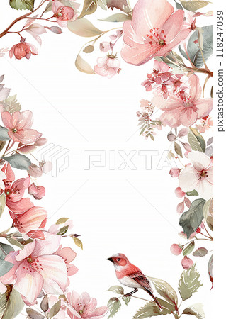 Flowers Frame a bird is perched on a branch of a pink flower. The bird is red and white. The flower is pink and has green leaves. 118247039
