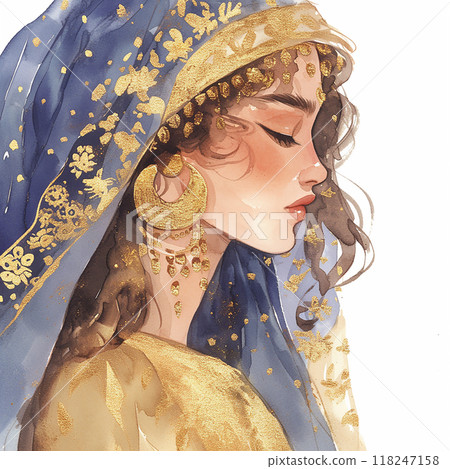 A woman wearing a blue and gold dress with gold earrings. She has a gold necklace around her neck A woman wearing a blue and gold dress with gold earrings. She has a gold necklace around her neck 118247158