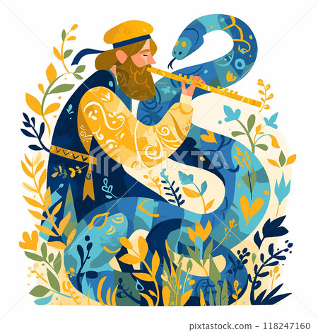 A man playing a flute next to a snake. The snake is blue and yellow A man playing a flute next to a snake. The snake is blue and yellow 118247160