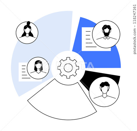 Circular chart with central gear, four human figures, and documents in sections. Ideal for teamwork, project management, HR, organizations, workflow. Blue, black, white vector colors enhance visibilit Circular chart with central gear, four human figures, and documents in sections. Ideal for teamwork, project management, HR, organizations, workflow. Blue, black, white vector colors enhance visibilit 118247161