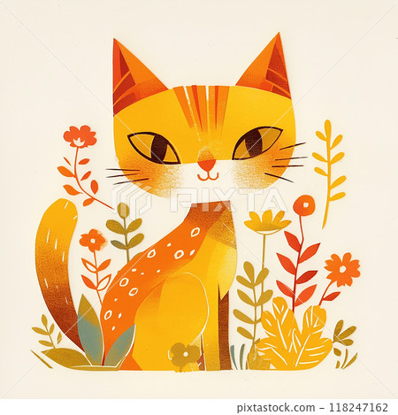 A cat is sitting in a field of flowers. The cat is smiling and looking at the camera. The flowers are yellow and orange, and they are scattered throughout the scene. Scene is cheerful and playful A cat is sitting in a field of flowers. The cat is smiling and looking at the camera. The flowers are yellow and orange, and they are scattered throughout the scene. Scene is cheerful and playful 118247162