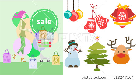 Woman pushing a cart filled with shopping bags under a sale sign, surrounded by holiday-themed items like ornaments, mittens, bells, snowman, Christmas tree, and reindeer. Ideal for Christmas Woman pushing a cart filled with shopping bags under a sale sign, surrounded by holiday-themed items like ornaments, mittens, bells, snowman, Christmas tree, and reindeer. Ideal for Christmas 118247164