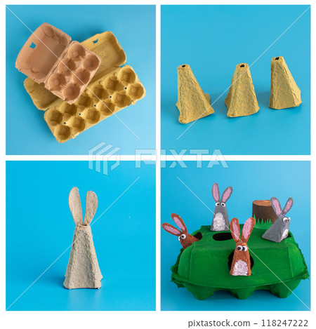 how to make recycled paper craft creative green hill featuring rabbits heads with different expressions 118247222