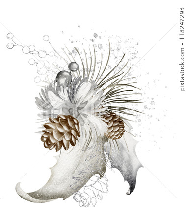 Plant Christmas Watercolor Bouquet. Set Christmas-tree flowers of muted pine branches and pine cones with berries. X mas celebrate holiday decoration hand drawn for templates and invitations. 118247293