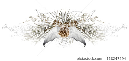 Plant Christmas Watercolor Bouquet. Set Christmas-tree flowers of muted pine branches and pine cones with berries. X mas celebrate holiday decoration hand drawn for templates and invitations. 118247294