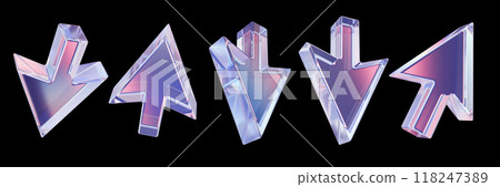 3D glass arrow set, UI glossy transparent pink cursor icon, crystal y2k emblem, direction pointer.  118247389