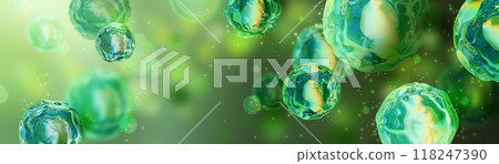 3D medical green cell background, microscope organic flora structure biological virus render.  118247390