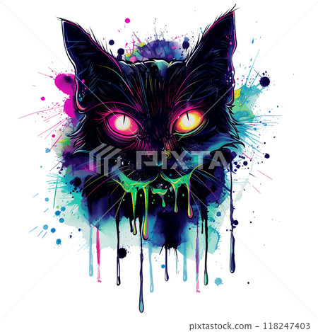 A cat covered in dripping neon slime with big glowing neon eyes A cat covered in dripping neon slime with big glowing neon eyes 118247403